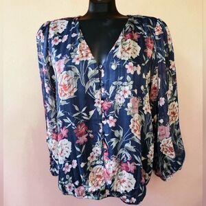 Tamara H Floral Metallic V-Neck Puffy Sleeve Blouse - Navy and Pink
